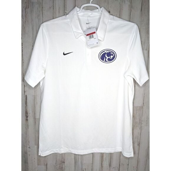 NWT‎ Men's Large White Nike Dri Fit Purple Polo Shirt Big Cat Logo - Picture 1 of 9